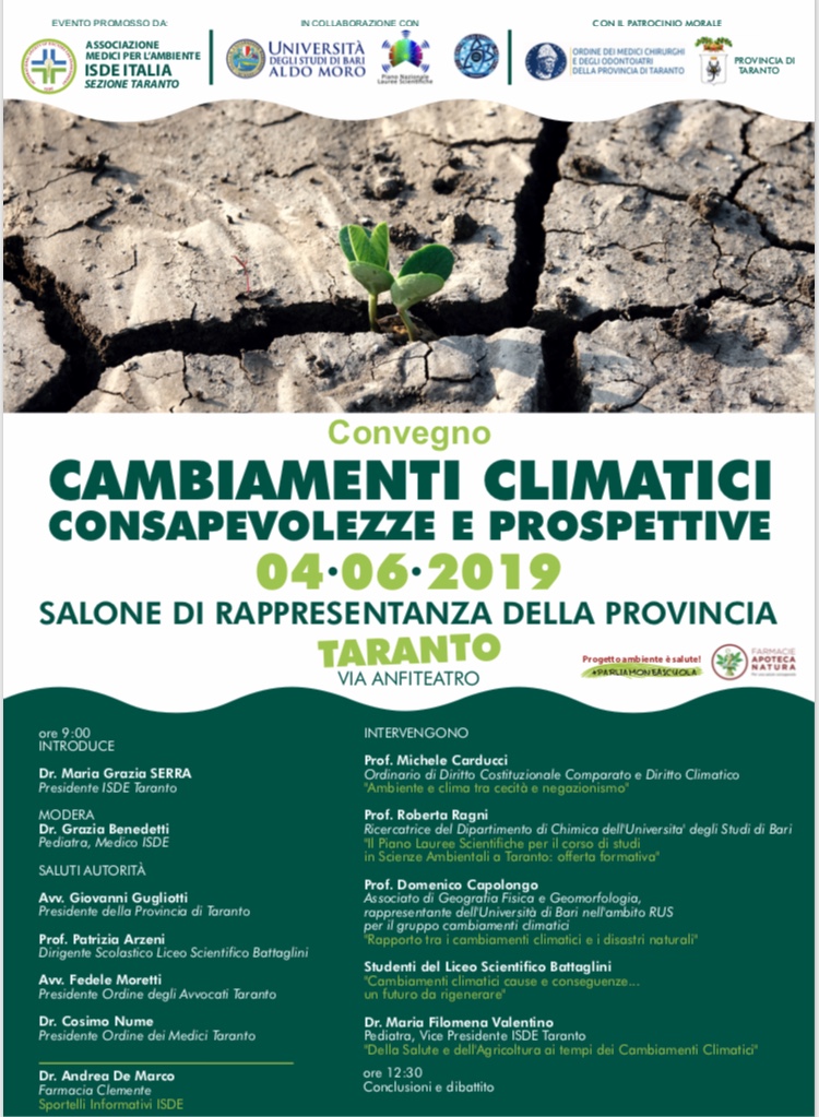 Clima: Isde Taranto presenta gli sportelli informativi; appuntamento il 4 giugno in Provincia