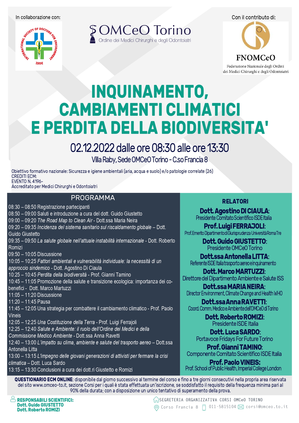 A Torino il convegno nazionale su “Inquinamento, cambiamenti climatici e perdita della biodiversità”