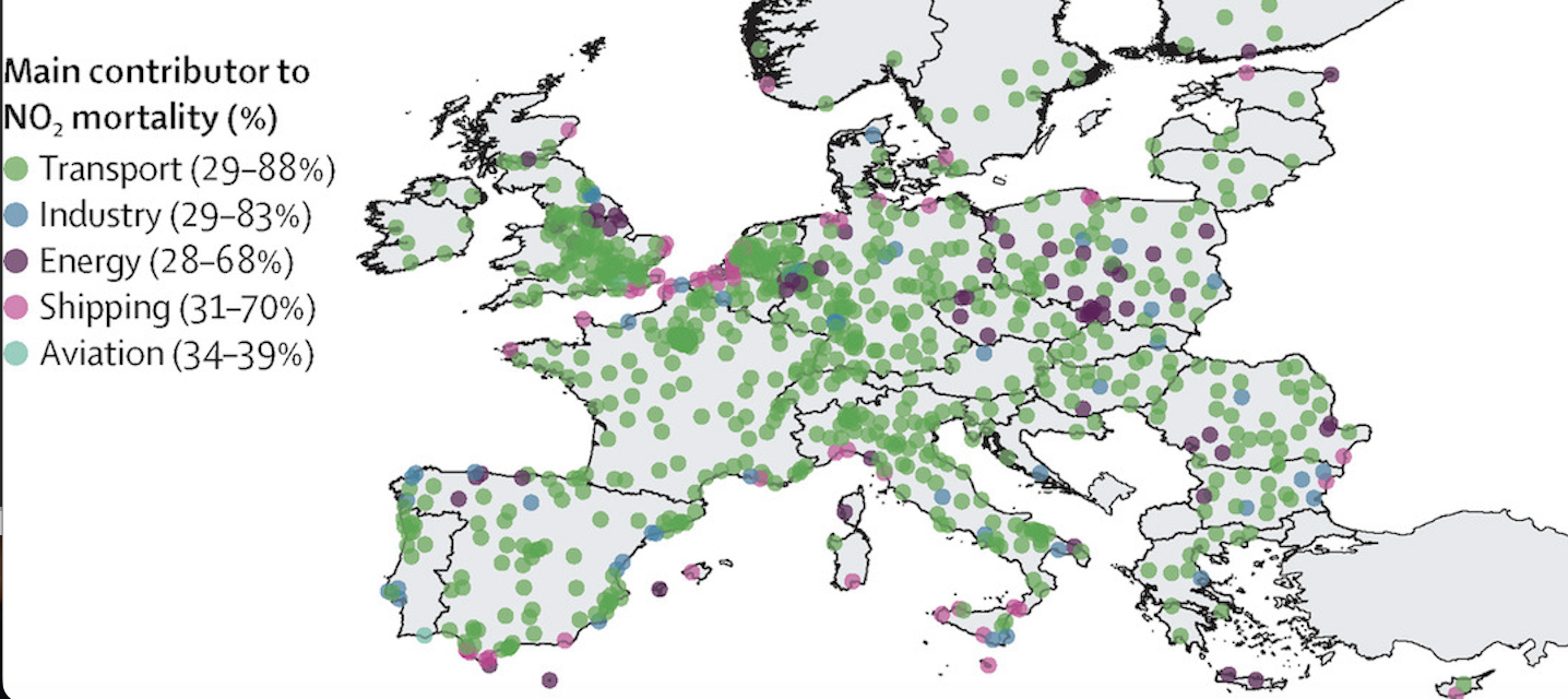 Fonti di inquinamento da PM2,5 e NO2 ed effetti sulla salute in oltre 800 città europee